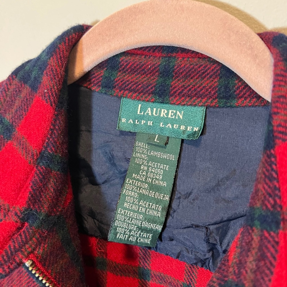 Lauren Ralph Lauren Red Plaid 100% Lambswool Full Zip Shirt Jacket Men's Large - Picture 3 of 11